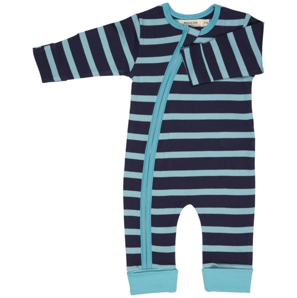 A baby long-sleeve footless sleeper with horizontal navy and light blue stripes, featuring a light blue front zipper and matching light blue cuffs.