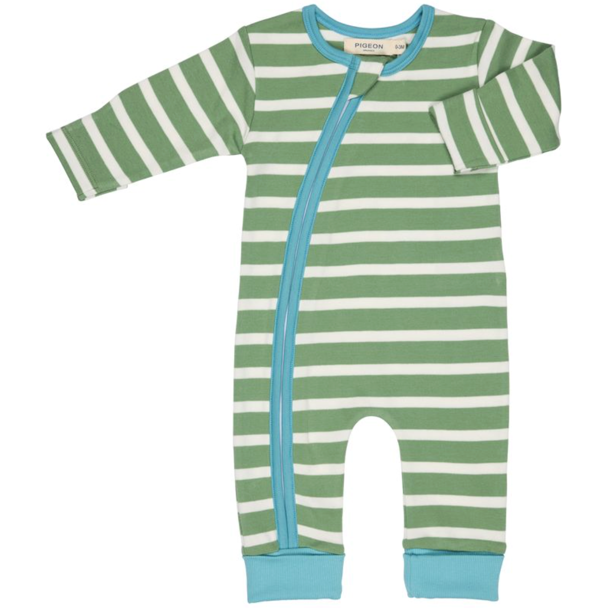 A baby long-sleeve footless sleeper with horizontal sage green and white stripes, featuring a light blue front zipper, collar trim, and cuffed ankles. The brand name 'Piknik' is visible on the inner neck label.