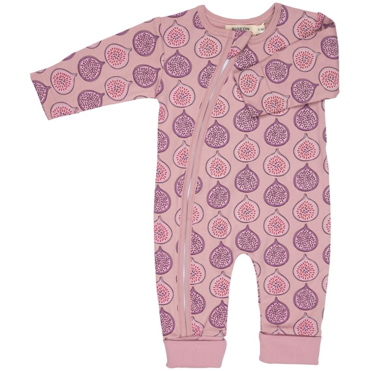 Pigeon Organics organic cotton zip sleepsuit in pink fig with full-length zip, built-in scratch mitts and folded leg cuffs