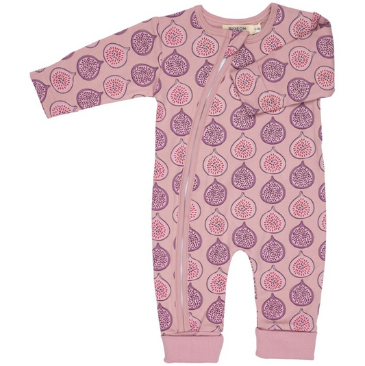 Pigeon Organics organic cotton zip sleepsuit in pink fig with full-length zip, built-in scratch mitts and folded leg cuffs