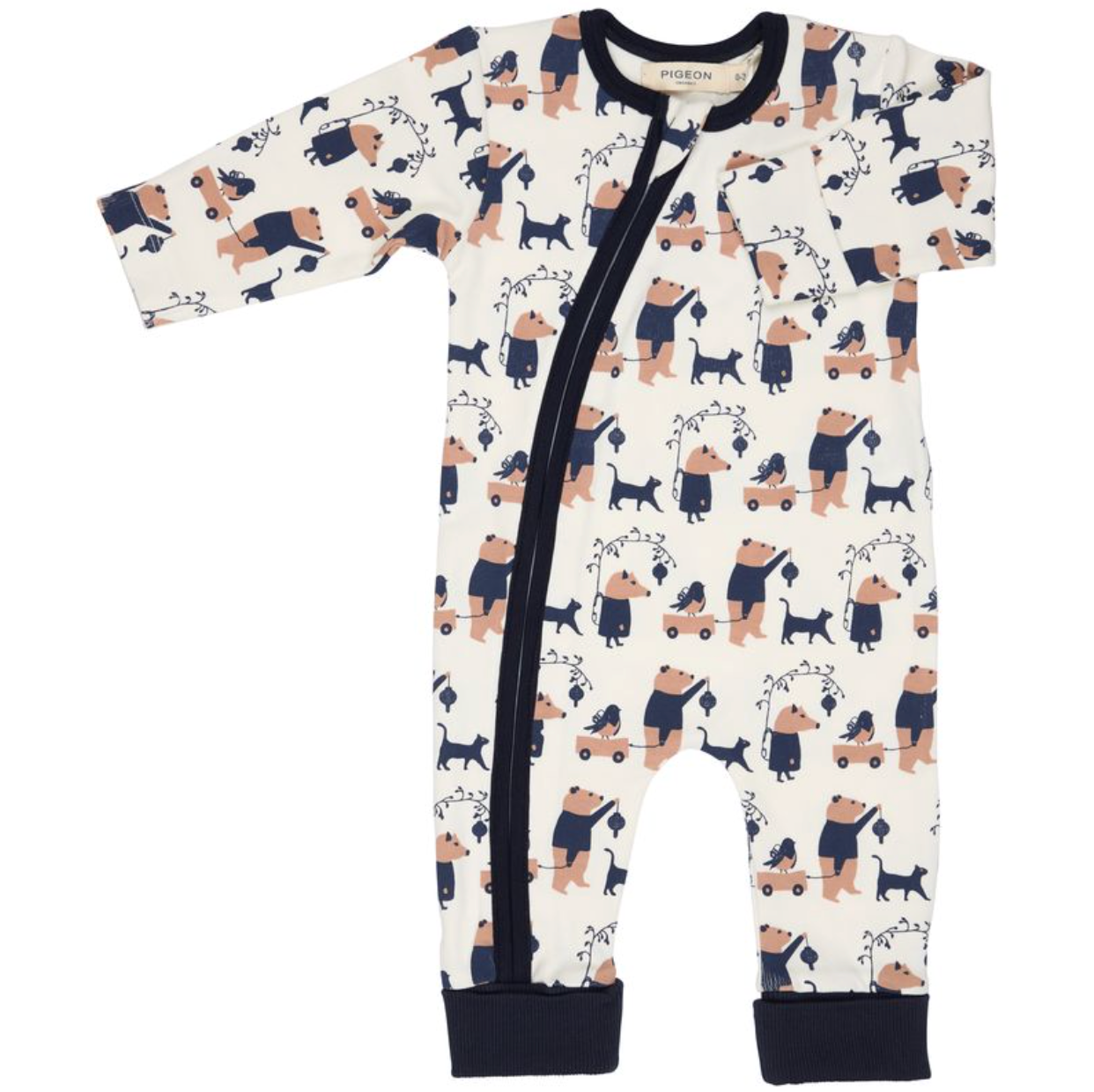 A baby long-sleeve footless romper with a white background and an all-over print of teddy bears and dogs in navy blue and tan. It features a dark navy blue snap closure down the front, a matching navy blue collar, and navy blue cuffs.