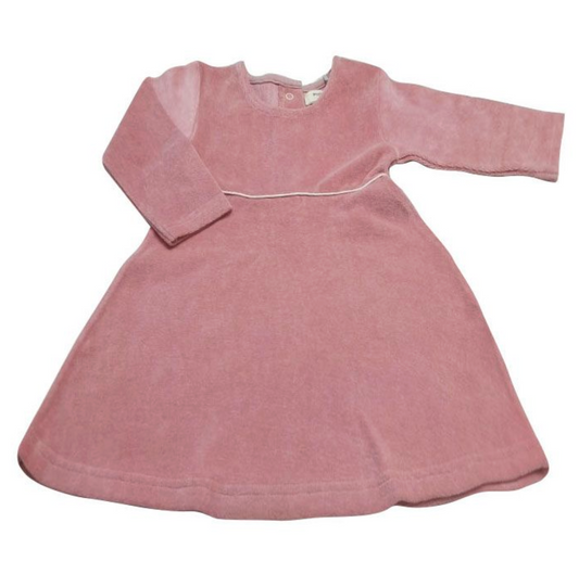 Pigeon Organics pink organic cotton velour skater dress with long sleeves, white piping detail at waist and shoulder popper fastening