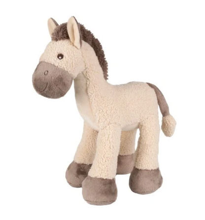 A plush stuffed horse toy with a cream-colored body, brown mane and tail, and brown hooves, shown against a plain white background.