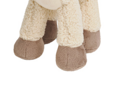 Close-up of a plush toy's lower legs and hooves, featuring cream sherpa fleece and taupe brown plush material, isolated on a white background.