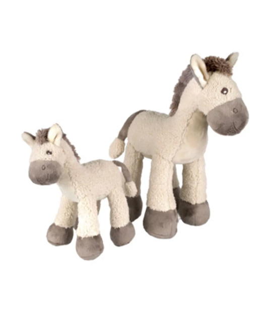 Two plush toy horses, one adult and one foal, made from soft textured fabric in cream, beige, and brown tones, set against a plain white background.