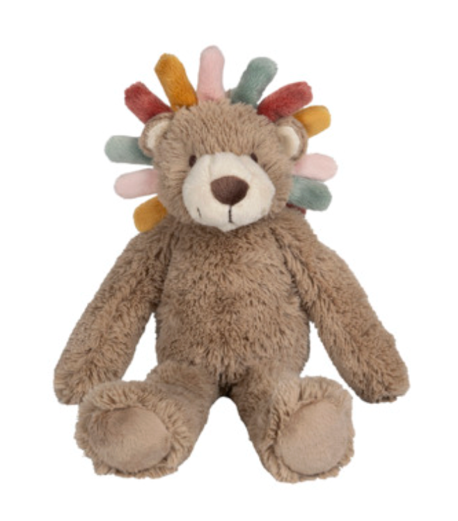 A plush teddy bear toy with a brown body, cream-colored snout and inner ears, and a colorful spiky mane in pastel pink, green, orange, yellow, and red, shown against a plain white background.
