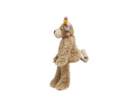 A plush stuffed animal toy shaped like a long-eared dog or cat in light brown/tan, with a small multicolor pom-pom accent on its head, isolated on a white background.