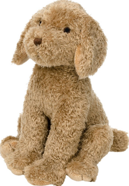 A plush stuffed dog toy in a warm tan-brown color, sitting upright against a plain white background.