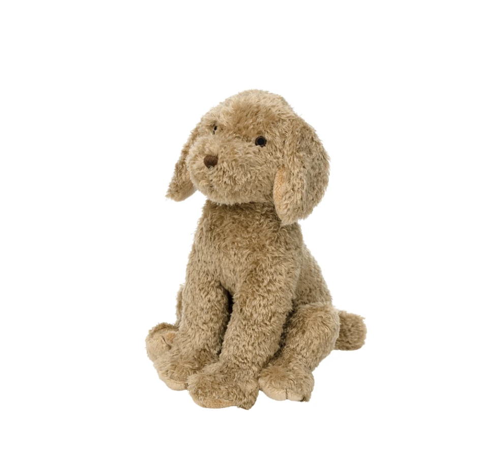 A plush stuffed dog toy in a light brown or tan curly fur material, sitting on a plain white background.