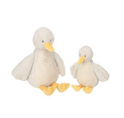 Two plush seagull toys, one large and one small, made from soft off-white corduroy fabric with yellow beaks and feet, set against a plain white background.