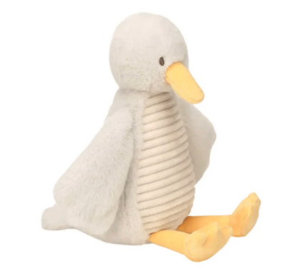 A plush stuffed duck toy in off-white with a ribbed corduroy-style chest and yellow beak and feet, shown on a plain white background.