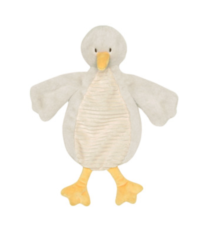 A plush duck toy with soft gray wings and body, a cream-colored center panel, and yellow beak and feet, shown against a plain white background.