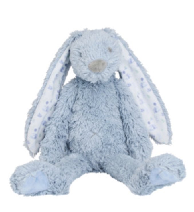 A light blue plush bunny stuffed animal with long floppy ears, white inner ears with small blue polka dots, and a soft grayish-brown snout, shown against a plain white background.