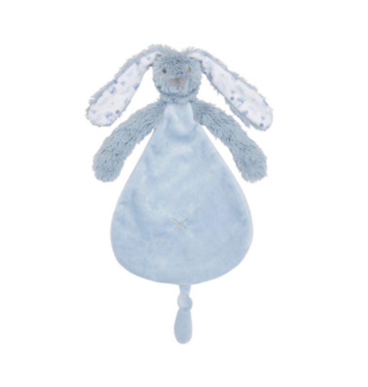 A light blue plush bunny security blanket with long floppy ears and a soft teardrop-shaped body, shown on a plain white background.