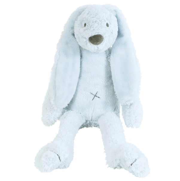 A light blue plush bunny toy with long floppy ears, a dark brown stitched nose, and a small gray stitched cross on its chest, shown against a plain white background.