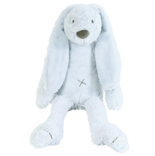 A light blue plush bunny toy with long floppy ears, a dark brown stitched nose, and a small gray stitched cross on its chest, shown against a plain white background.
