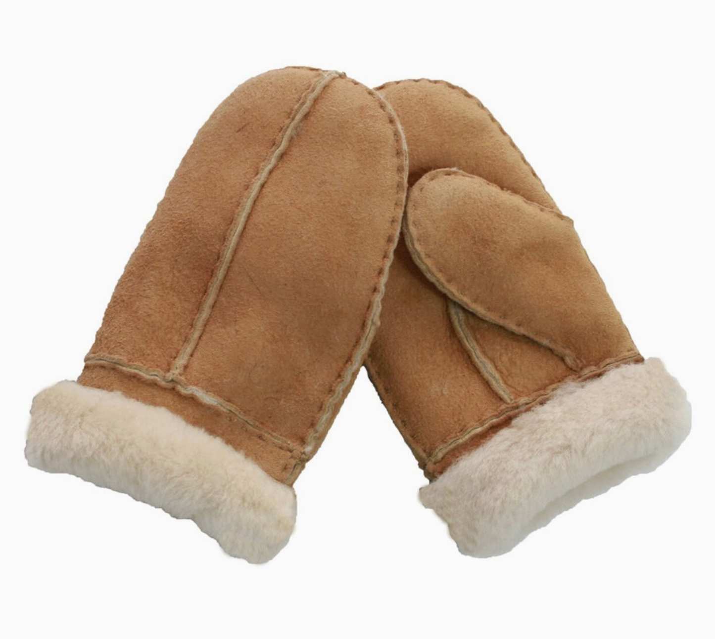 A pair of tan shearling-lined mittens with white fleece cuffs, shown against a plain white background.