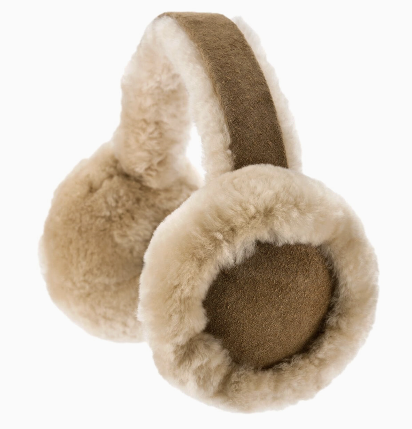Shearling earmuffs in beige and brown, featuring fluffy faux-fur ear cups and a padded headband, shown on a plain white background.