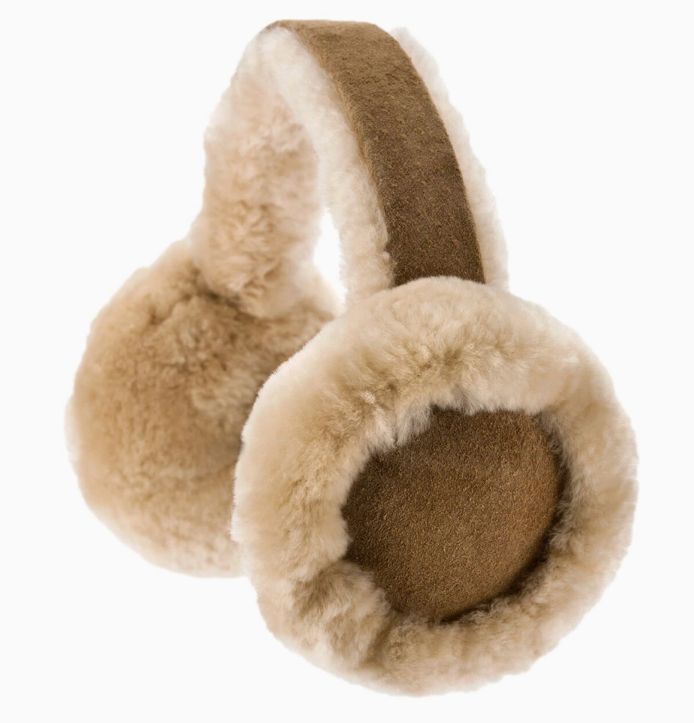 Shearling earmuffs in beige and brown, featuring fluffy faux-fur ear cups and a padded headband, shown on a plain white background.