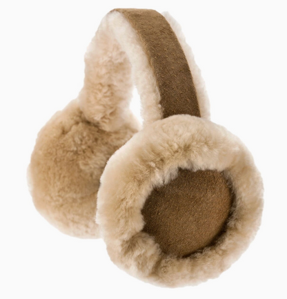 Shearling earmuffs in beige and brown, featuring fluffy faux-fur ear cups and a padded headband, shown on a plain white background.