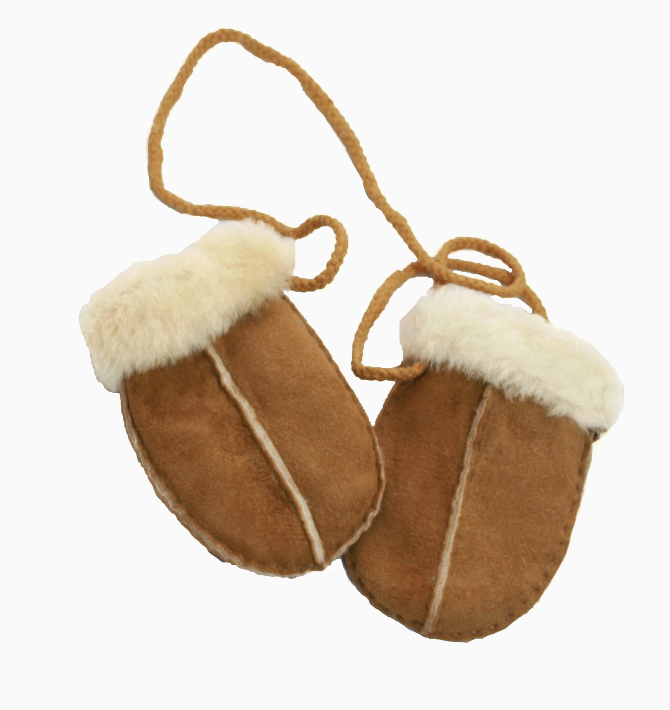 A pair of baby booties in brown faux suede with cream faux fur trim and matching rope ties, shown on a plain white background.