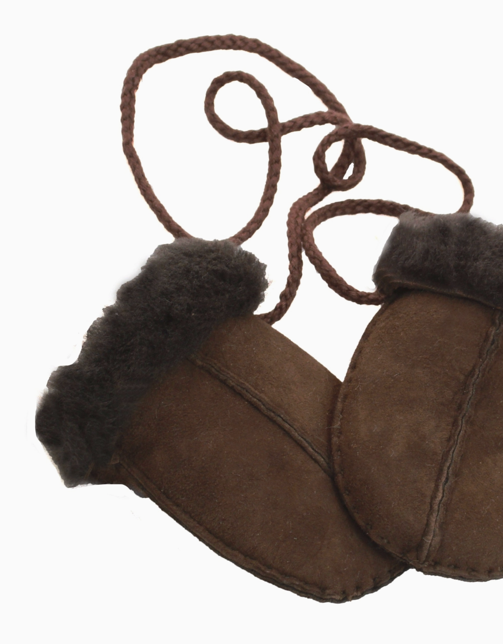 Brown suede and shearling slipper booties with a braided brown rope handle, shown on a plain white background.