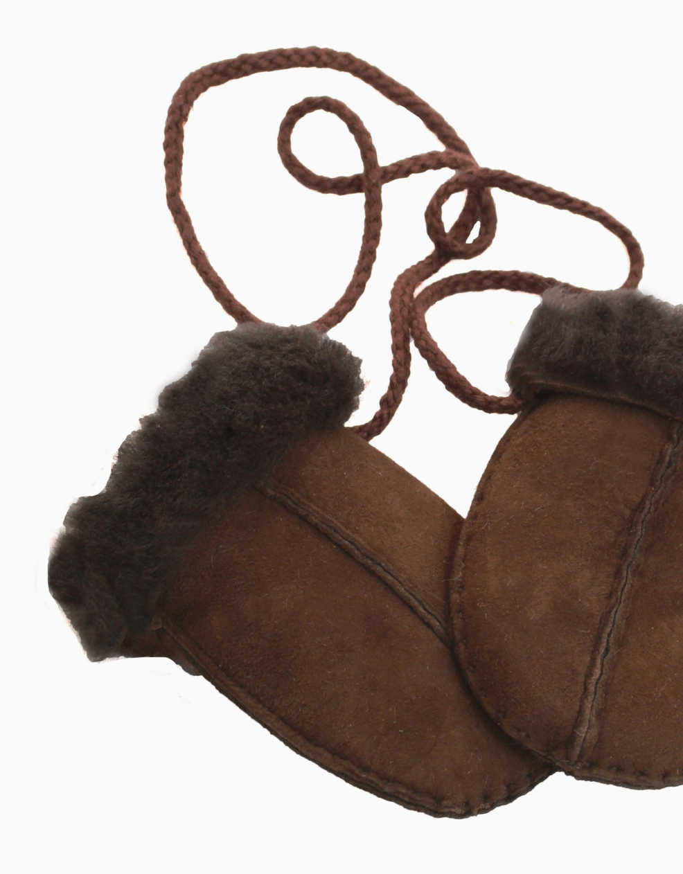 Brown suede and shearling slipper booties with a braided brown rope handle, shown on a plain white background.