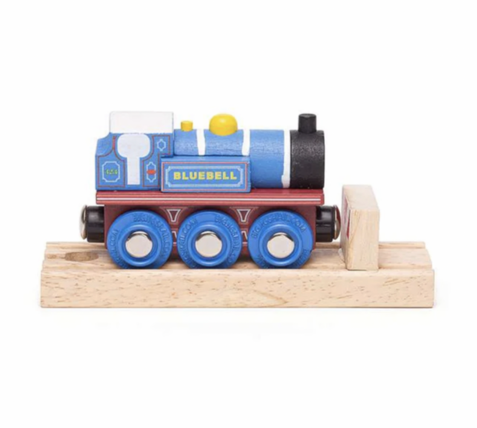A wooden toy train engine named 'BLUEBELL' in blue, red, and black, mounted on a light-colored wooden track and block against a white background.