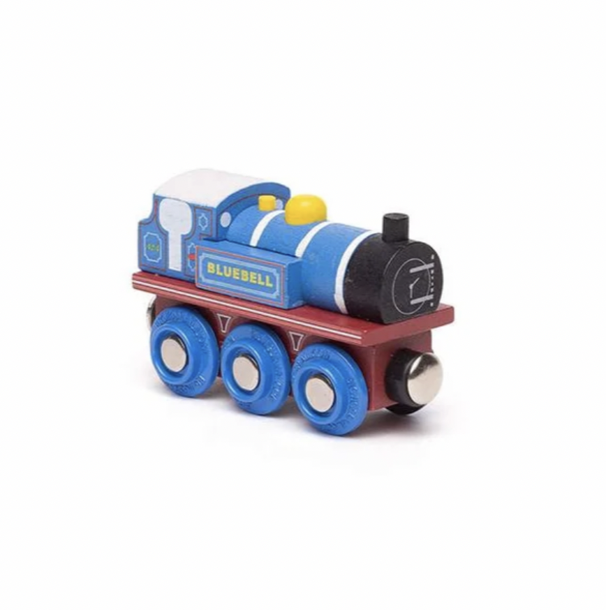 A wooden toy train engine named Bluebell, featuring a blue body with white stripes, a dark red chassis, blue wheels, and a black smokebox, shown on a plain white background.