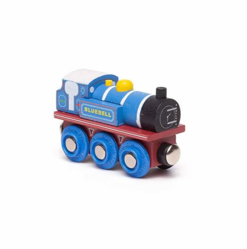 A wooden toy train engine named Bluebell, featuring a blue body with white stripes, a dark red chassis, blue wheels, and a black smokebox, shown on a plain white background.