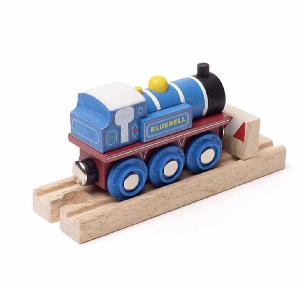 A wooden toy train set featuring a blue and red steam locomotive named 'BLUEBELL' with blue wheels, resting on light natural wood tracks against a white background.