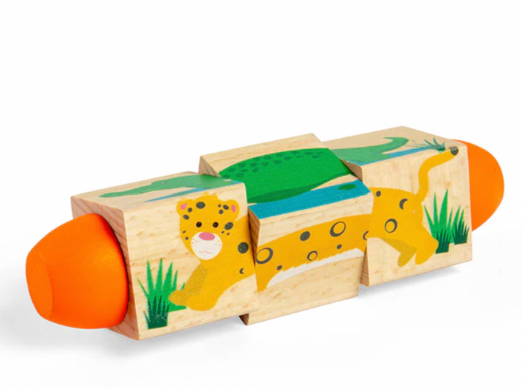 A wooden animal puzzle toy with colorful painted details, featuring a yellow cheetah, green crocodile, and orange ball-like ends, shown on a clean white background.