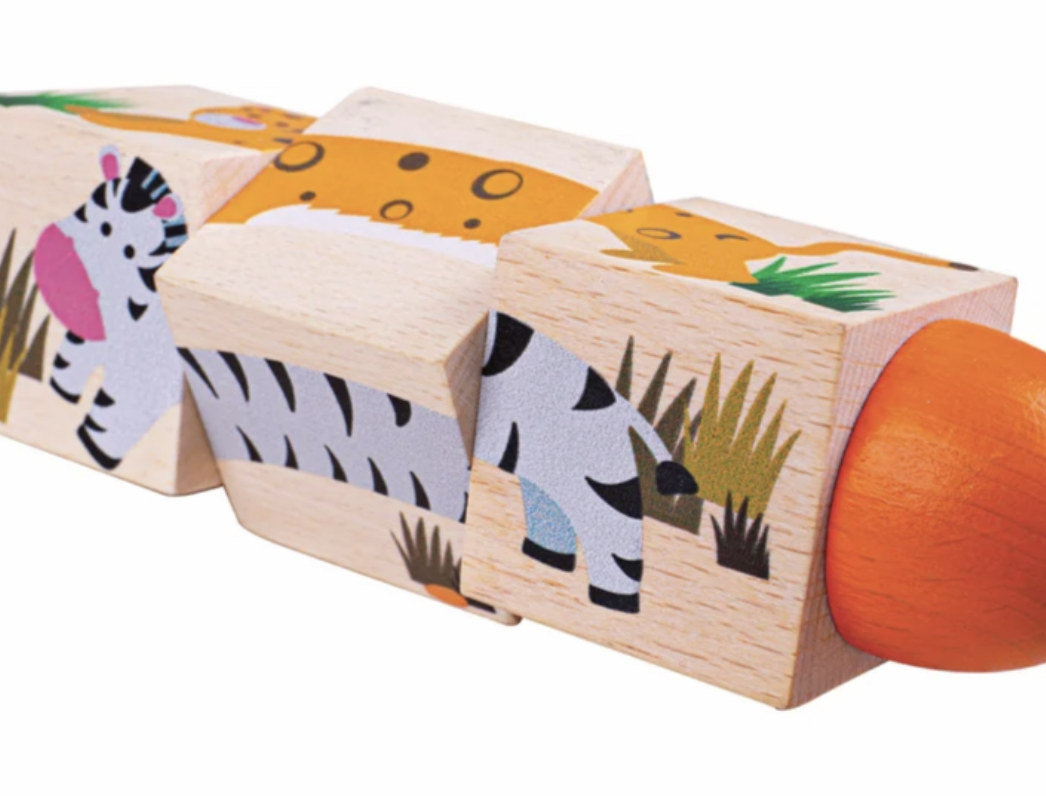 A wooden caterpillar toy with colorful animal and plant illustrations, featuring a natural wood grain texture and an orange ball at the end, shown on a white background.