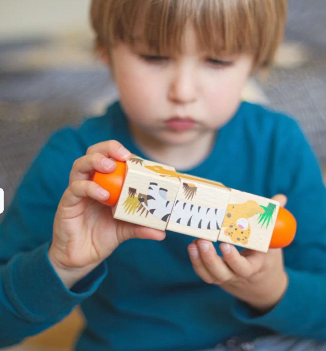 A young child in a blue long-sleeve shirt holds a wooden animal puzzle toy with orange ends in both hands. The wooden blocks feature illustrations of different animals, including a zebra, giraffe, and lion.