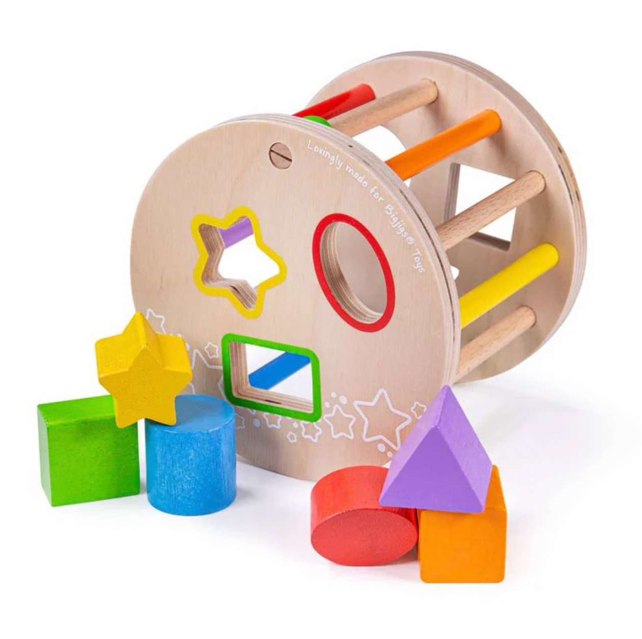 A wooden shape-sorting toy for toddlers, featuring a natural wood circular frame with colorful geometric pegs and loose matching blocks in green, blue, yellow, red, purple, and orange on a white background.