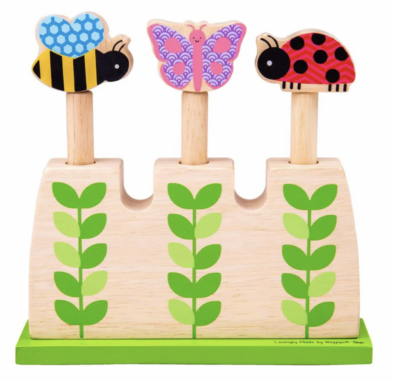 A wooden toy puzzle block set featuring three colorful cartoon characters on pegs: a blue-and-yellow bee, a pink-and-purple butterfly, and a red-and-black ladybug, mounted on a light wood base with green leaf motifs.