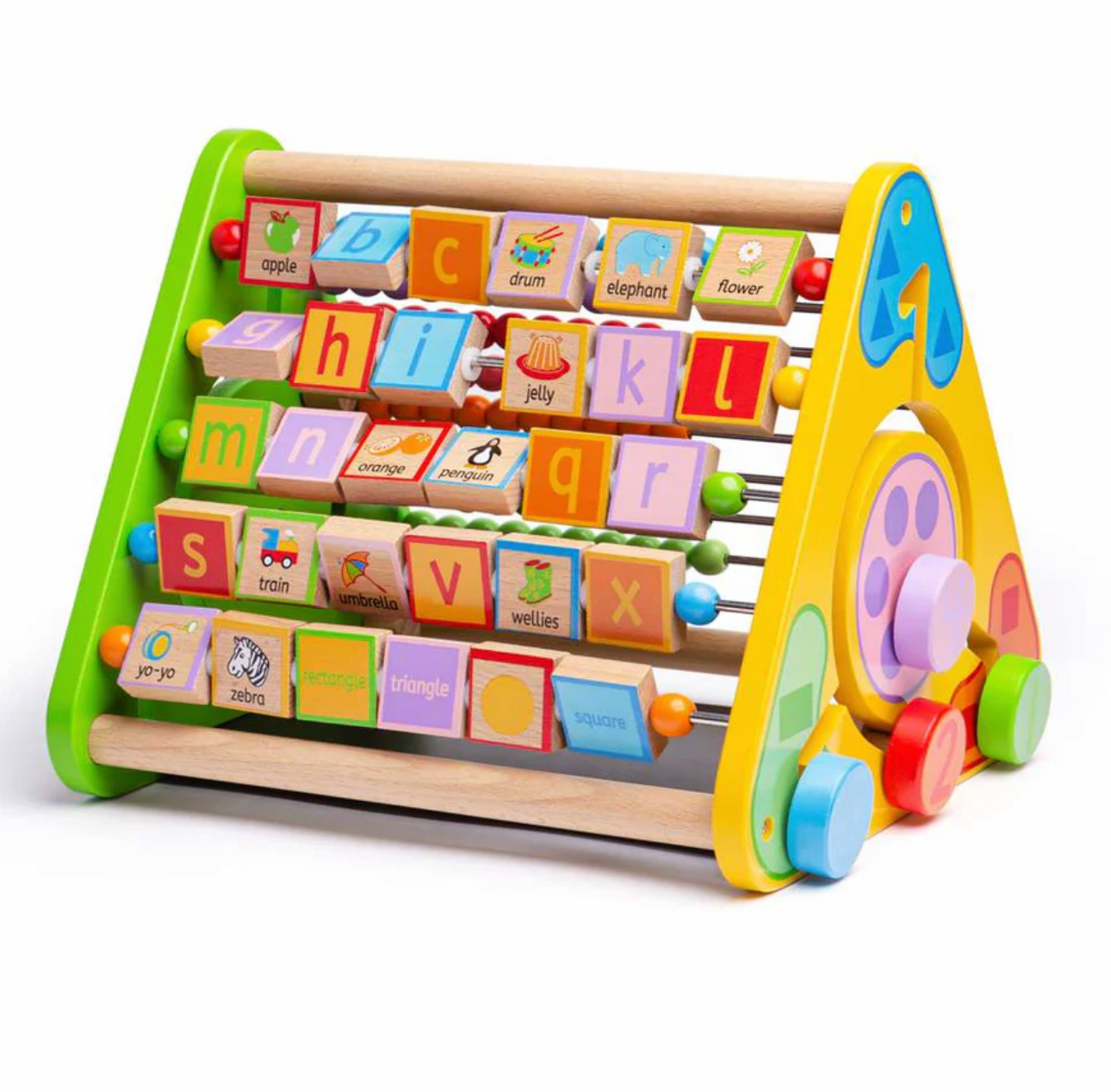 A colorful wooden baby learning toy with alphabet blocks, a rolling bar, and a wheel on a white background.