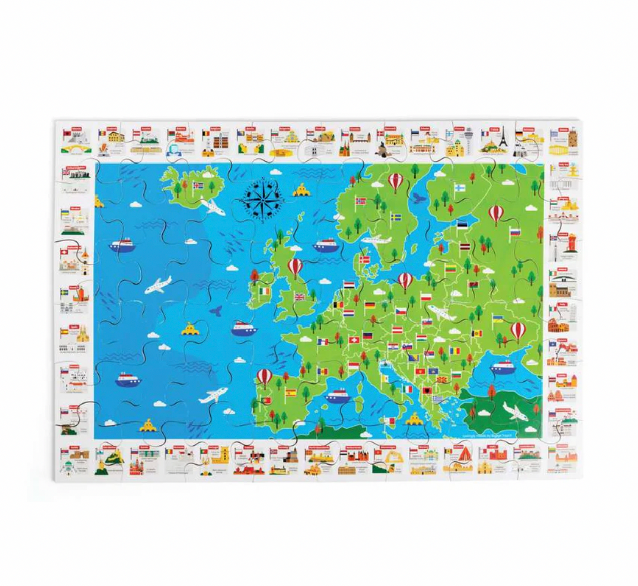 A colorful educational map of Europe for children, featuring a bright blue ocean, green landmasses, and a decorative border of illustrated landmarks and houses around the edges.