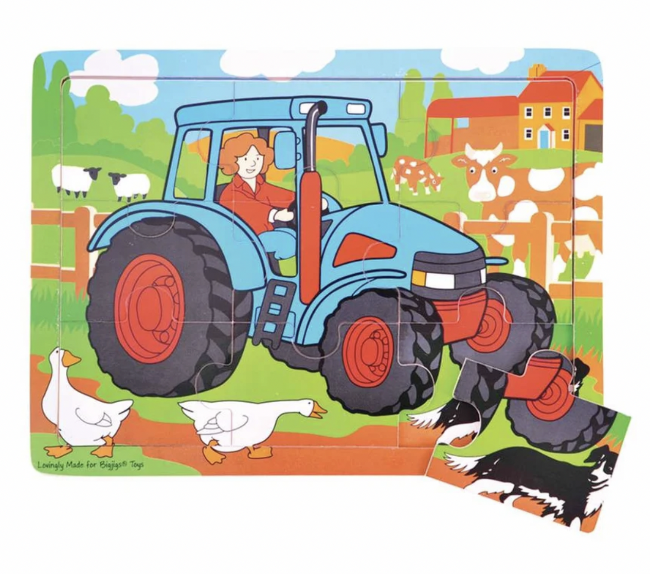 A colorful children's jigsaw puzzle featuring a farm scene with a blue tractor, a woman driving it, cows, ducks, sheep, a barn, and a dog. The puzzle is shown on a white background with one piece detached in the lower right corner.