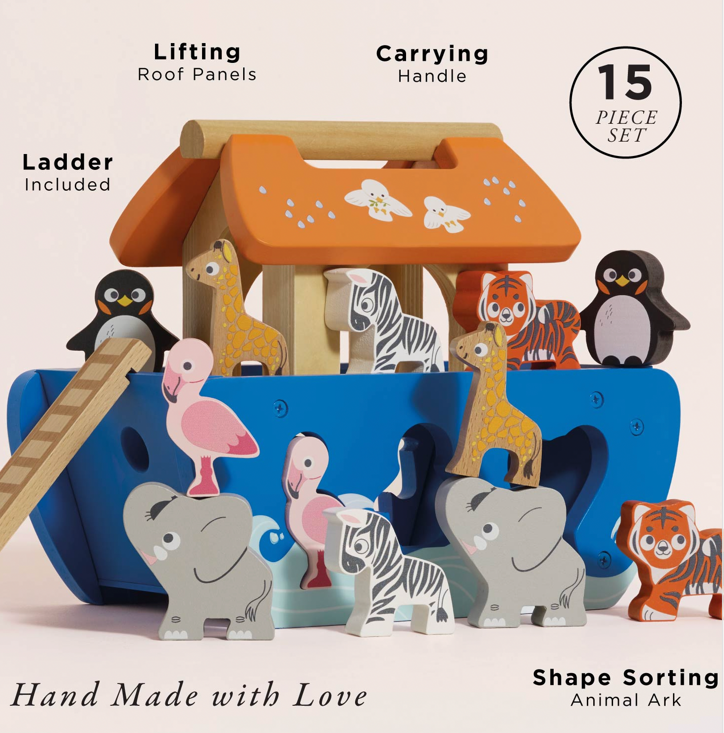A children's wooden animal ark toy set shown on a light beige background with text callouts. The set includes a blue ark, orange roof, wooden ladder, carrying handle, and multiple animal figures such as penguins, giraffes, flamingos, zebras, elephants, and tigers.