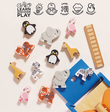Wooden animal sorting blocks and a blue sorting tray on a light beige background, with a 'LEARN DISCOVER PLAY' educational graphic at the top.