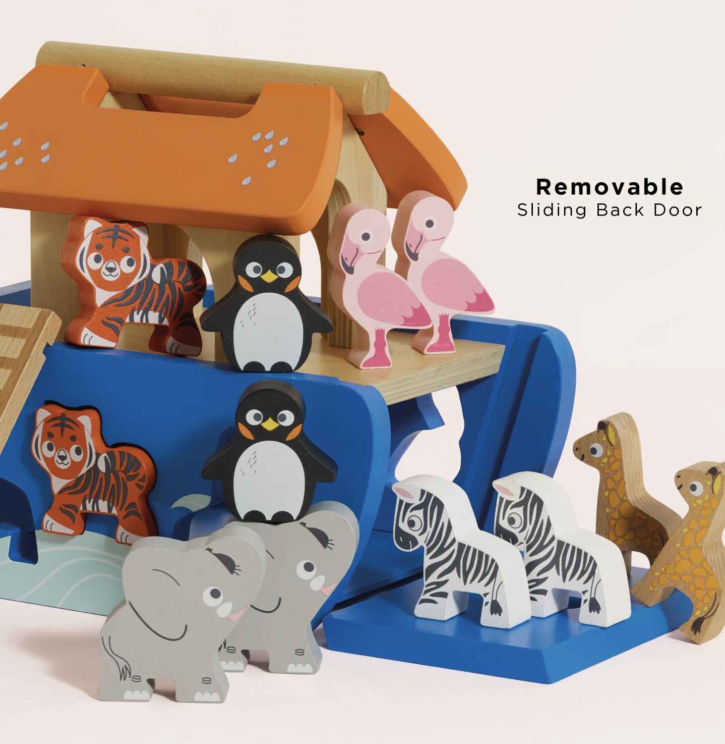 A wooden animal-themed toy set arranged on a blue and orange playhouse structure. The set includes pink flamingos, gray elephants, white-and-black zebras, brown-and-cream giraffes, black-and-white penguins, and orange-and-cream striped animals.