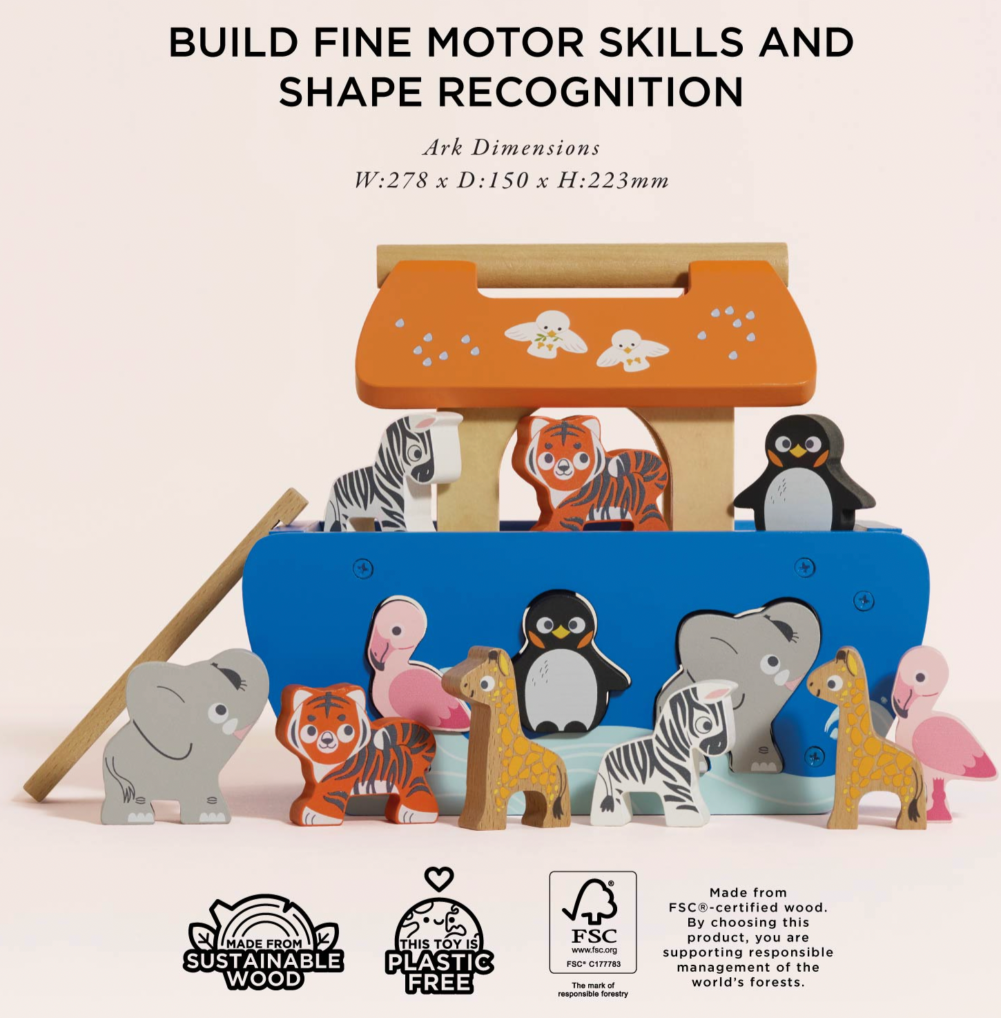 A children's wooden toy set featuring colorful animal cutouts and a blue ark-shaped base, shown on a light beige background with product text and certification logos. The set includes zebra, tiger, penguin, elephant, giraffe, and flamingo figures, plus a wooden stick tool.