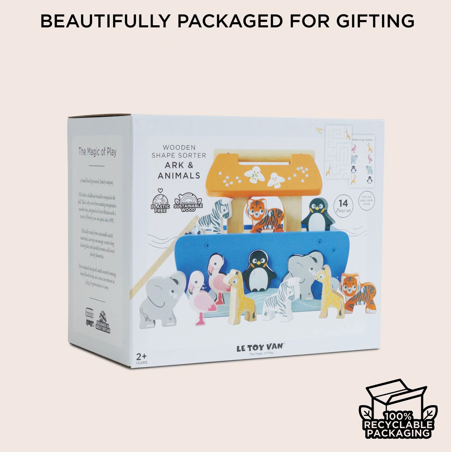 LE TOY VAN wooden shape sorter ark and animals toy shown in its white retail box on a light beige background, with the headline 'BEAUTIFULLY PACKAGED FOR GIFTING' above and a '100% Recyclable Packaging' badge at bottom right.