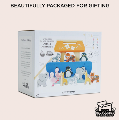 LE TOY VAN wooden shape sorter ark and animals toy shown in its white retail box on a light beige background, with the headline 'BEAUTIFULLY PACKAGED FOR GIFTING' above and a '100% Recyclable Packaging' badge at bottom right.