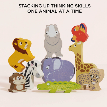 A set of colorful wooden animal stacking toys arranged on a light beige background with the text 'STACKING UP THINKING SKILLS ONE ANIMAL AT A TIME' above them. The animals include a lion, zebra, elephant, hippo, giraffe, parrot, monkey, crocodile, and cheetah.
