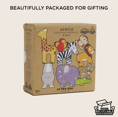 LE Toy Van Africa Stacking Animals & Bag wooden toy set in its original brown cardboard packaging, featuring illustrations of safari animals. The image includes a text header 'BEAUTIFULLY PACKAGED FOR GIFTING' and a '100% Recyclable Packaging' logo in the bottom right corner.