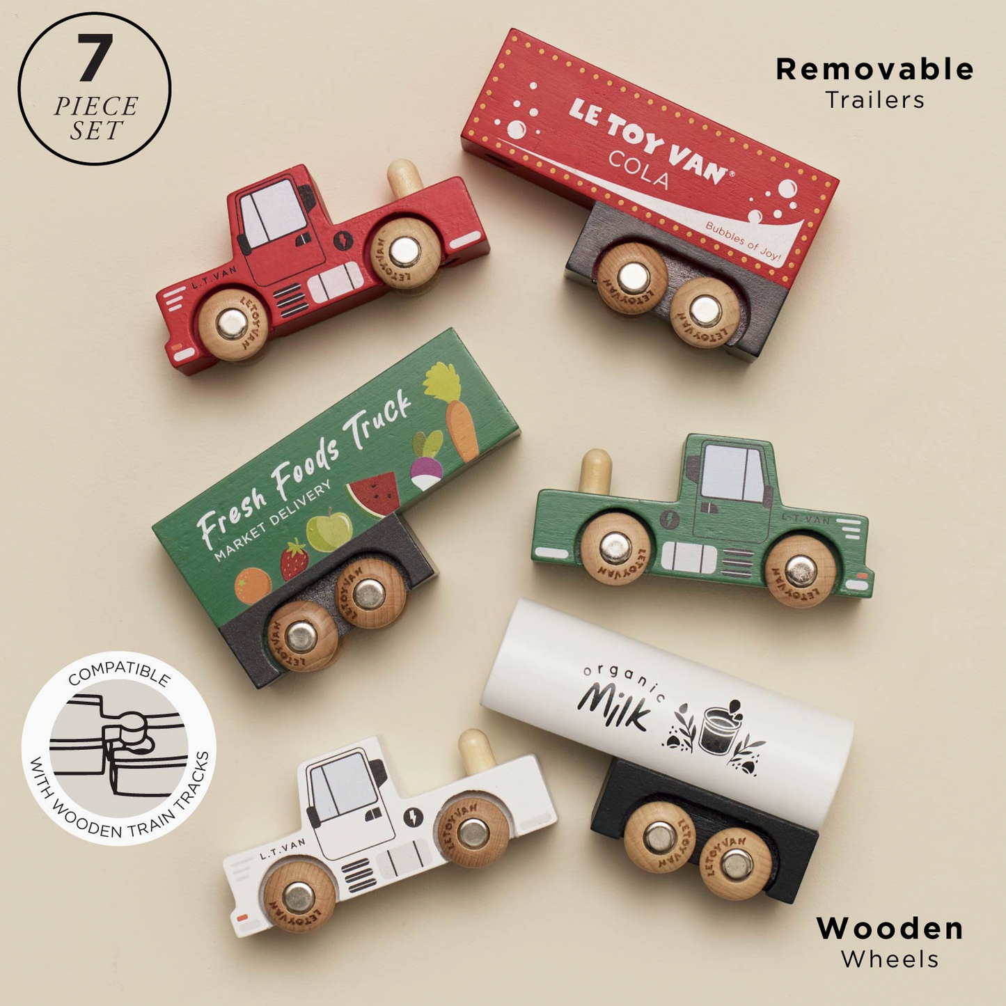 A 7-piece wooden toy truck set with colorful trailers and wooden wheels, displayed on a beige background with text overlays and a compatibility badge.