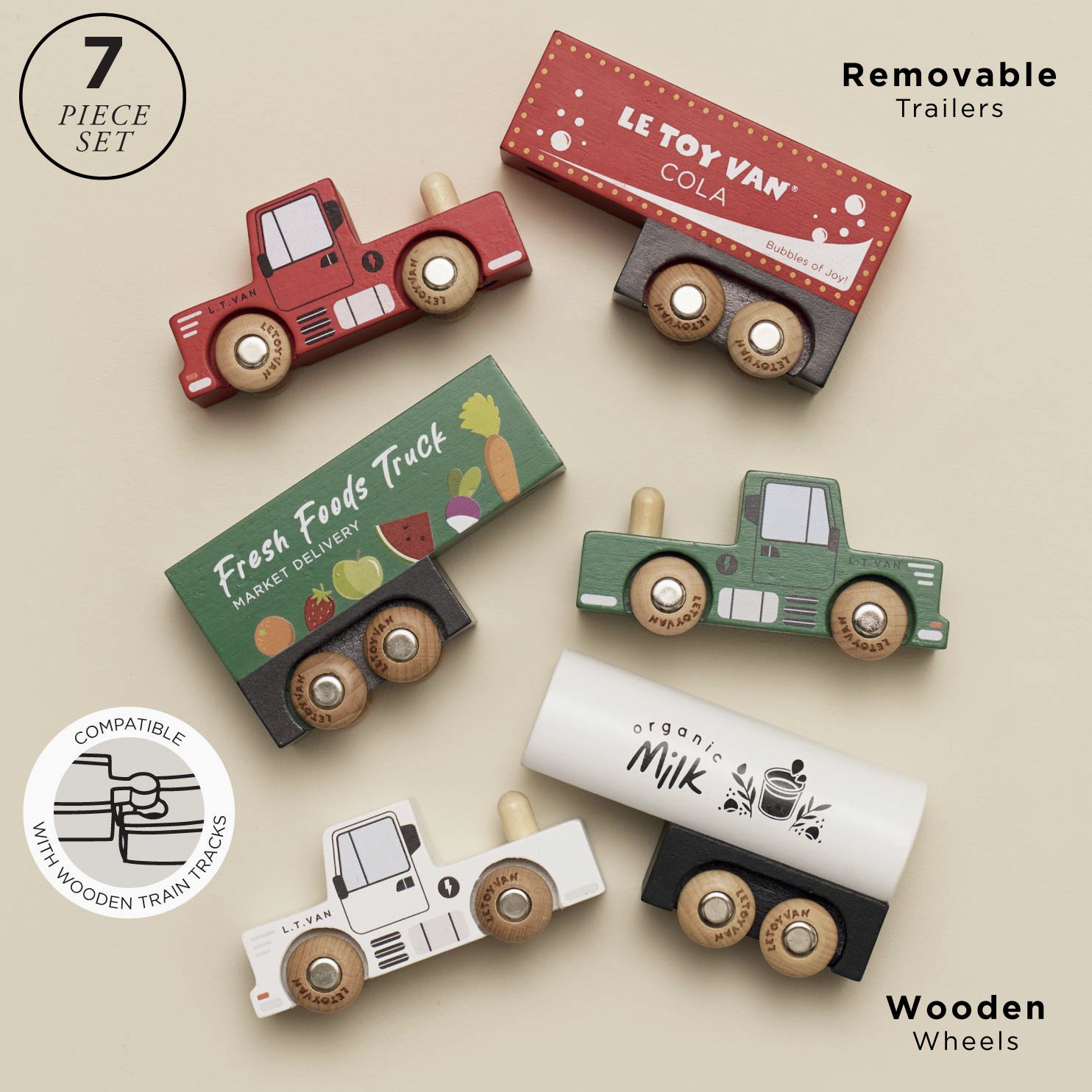 A 7-piece wooden toy truck set with colorful trailers and wooden wheels, displayed on a beige background with text overlays and a compatibility badge.