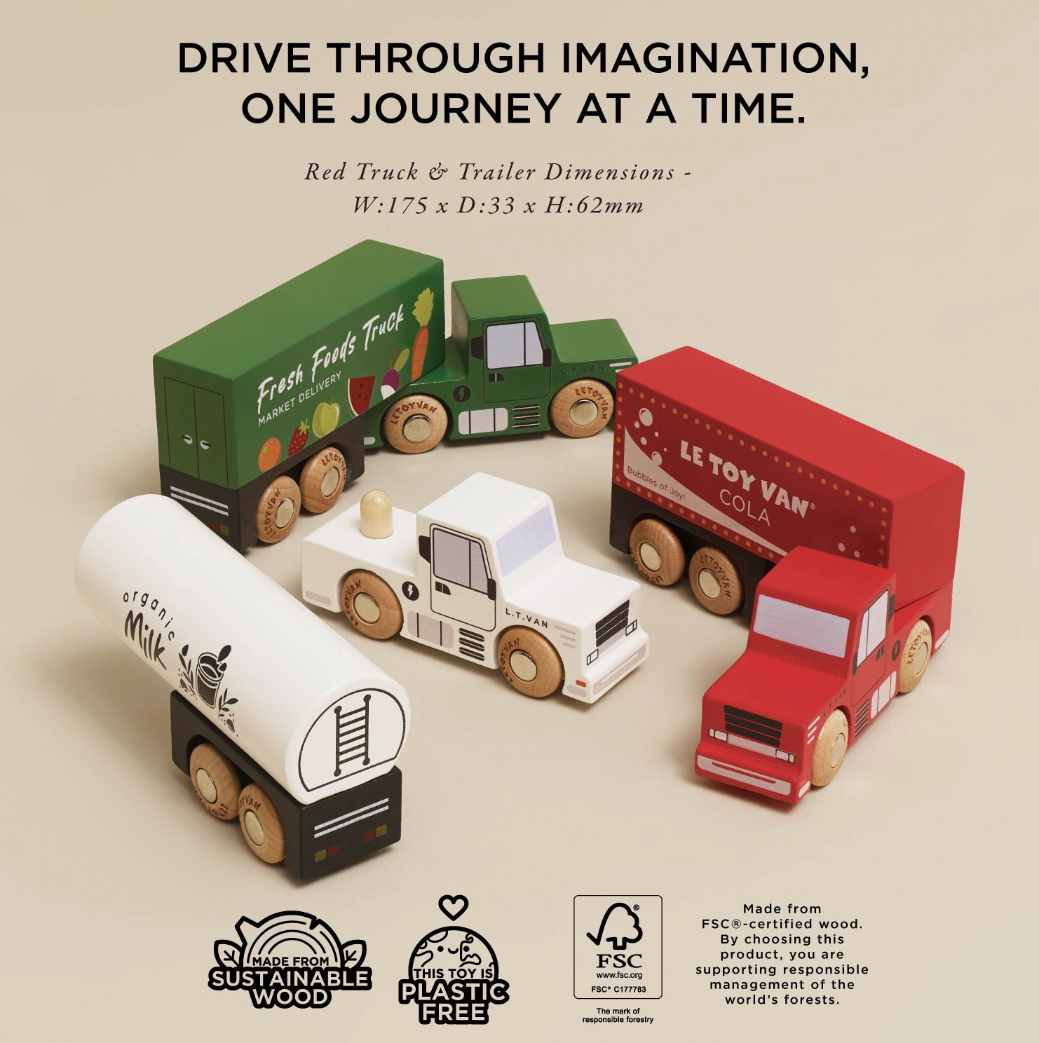 A set of wooden toy trucks and trailers on a beige background, with product text at the top and certification logos at the bottom. The set includes a green delivery truck, a red semi-trailer, a white tanker truck, and a white cab truck.